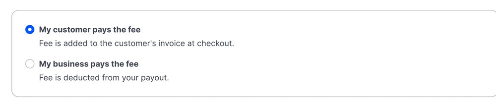 Rivelo settings showing the choice between the customer or the business paying the processing fee