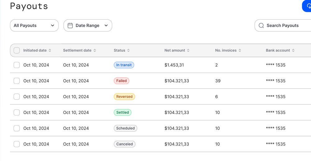 Rivelo payouts table showing settlement status, net amount, and bank account for each payout